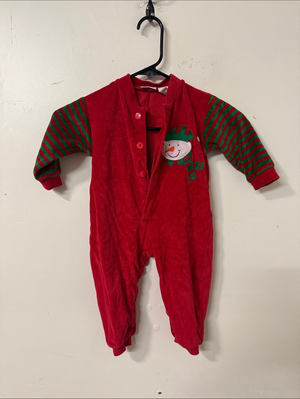 Avon Red Holiday Footie with Green Striped Sleeves 90’s